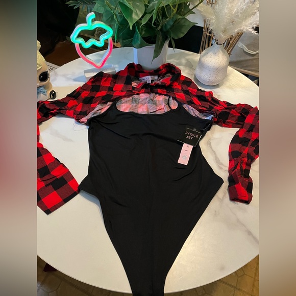 rave Tops - Rave Fame Red and Black Plaid Shirt with Black Bodysuit sz M